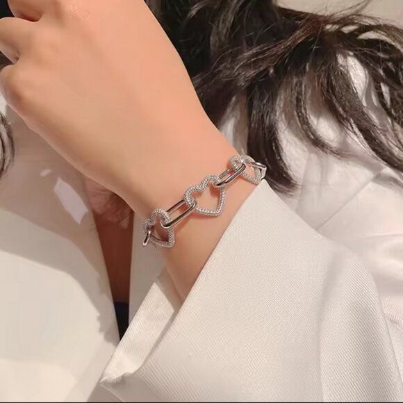 Certified Moissanite Bracelet Fully Ice Heart Link, 7" - Picture 7 of 9